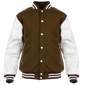 Brown and White Varsity Jacket Classic Letterman Bomber Premium Wool and Leather College Sportswear Vintage Baseball Jacket