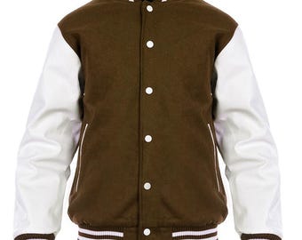 Vintage Wool Letterman Jacket: Brown & White Leather Varsity Bomber