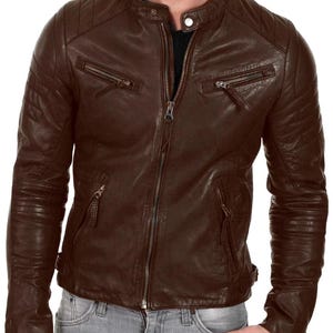 Men&#39;s Brown Cafe Racer Sheepskin Leather Jacket: Handmade Vintage Biker Coat