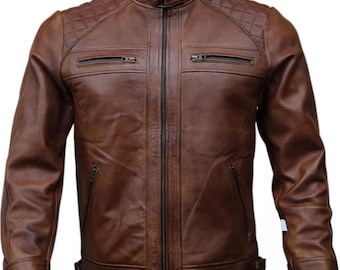 Distressed Lambskin Leather Biker Jacket: Slim Fit Cafe Racer Style