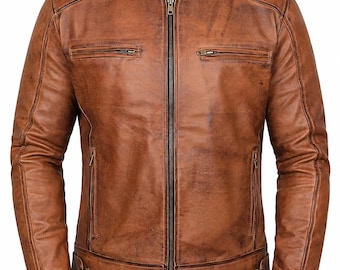 Men’s Brown Cowhide Leather Jacket, Vintage Cafe Racer Jacket