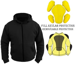 Men Black Kevlar Lined Zip Up Hoodie CE Level 2 Armor Motorbike Protective Jacket Removable Padding Motorcyclists Safety Gear Fleece
