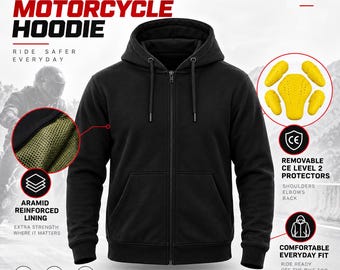 Men's Kevlar Motorcycle Hoodie Armored Zip Up with CE Level 2 Protectors
