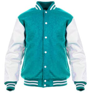 Chaqueta universitaria turquesa y blanca, estilo aviador Letterman clásico, de lana y cuero de primera calidad, ropa deportiva universitaria, chaqueta de béisbol retro.