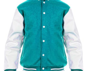 Turquoise Varsity Jacket: Wool & Leather Retro Letterman Bomber