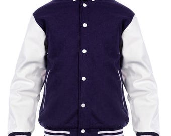 May include: A navy blue and white varsity jacket with a snap closure and striped trim. The sleeves are white leather.