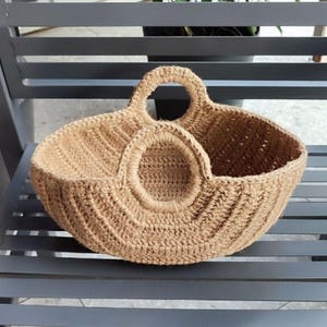 Soft basket with small round handles, ecological jute tote picnic, Home Storage, Housewarming present, Round bag, Rustic decor, Cozy Gift