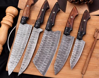 Hand Forged Damascus Chef Knife Set: Walnut Wood Handle BBQ Knives