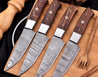 Hand Forged Damascus Steak Knives Set: Walnut Wood Handle, BBQ Knives