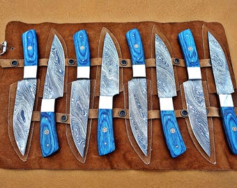 Handforged Damascus Steak Knife Set: Blue Micarta Handle, BBQ Knives