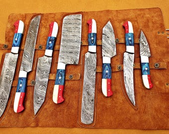 Handmade Damascus Chef Knife Set: Texas Handle BBQ Knives