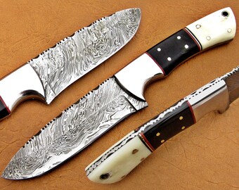 Handmade Damascus Hunting Knife, Buffalo Horn & Camel Bone Handle