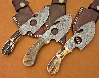 Handmade Damascus Skinner Knife Set: 8 inch, Ram Horn & Deer Antler Handle