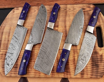 Handmade Damascus Chef Knife Set: Purple Resin Handle, Forged Kitchen Knives