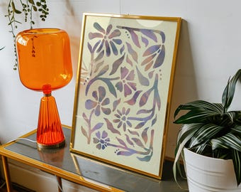 Botanische pastelkunst aan de muur, bloemdessin met crèmekleurige achtergrond