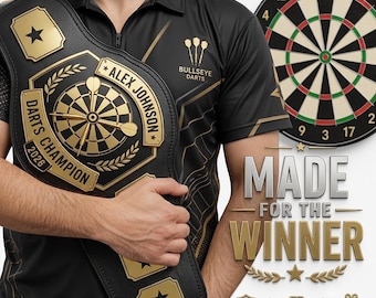 May include: A black polo shirt with gold accents and a Bullseye Darts logo, featuring a championship belt with the text Alex Johnson Darts Champion 2026. The image includes a dartboard and the text Made For The Winner with three small icons.