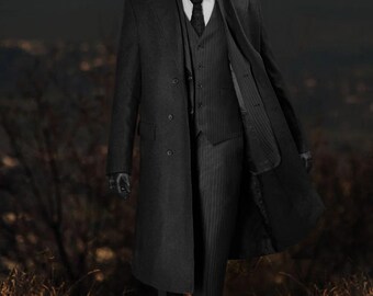 TruClothing STZ11 - Traje 3 Piezas Peaky Blinders Textura De Espiga Lana Vintage Ajustado Azul - Gris Oscuro, 36UK/US & 46EU-Jacket, 30-Pants