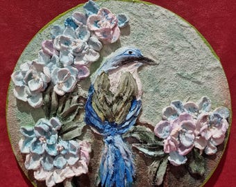 Handmade 3D Bird & Flowers Wall Art: Relief Sculpture Painting