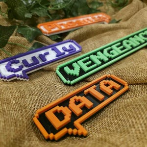 May include: Four pixel art style name tags with different colors and text. The tags read "Curly", "Vengeance", "Data", and "Phoenix".