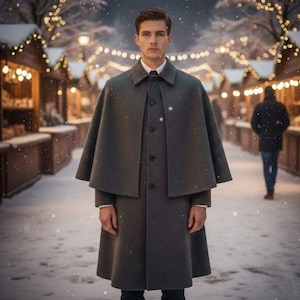 Nouveau manteau cape d&#39;Inverness en laine gris pour hommes : Pardessus victorien à manches longues