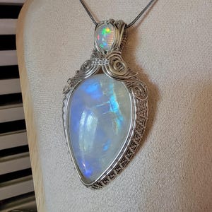 Moonstone and Ethiopian Opal Pendant-Wire Wrapped Silver Necklace, Handmade Crystal Jewelry, Rainbow Moonstone Gift Flashy Gemstone Necklace