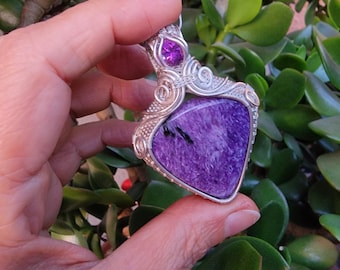 Handmade 960 Silver Charoite & Amethyst Pendant Necklace