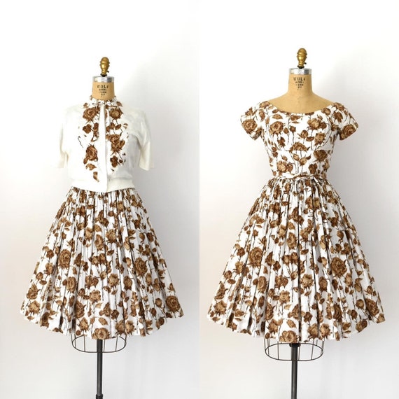 Vintage 1950s Dress Set - 50s Rose Print Cotton Dr