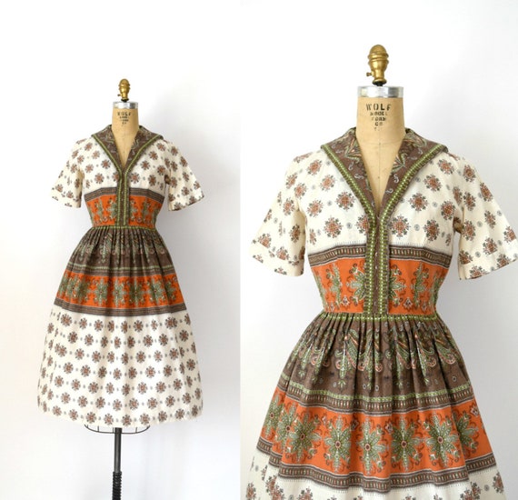 Vintage 1950s Dress - 50s Fall Floral Cotton Dress