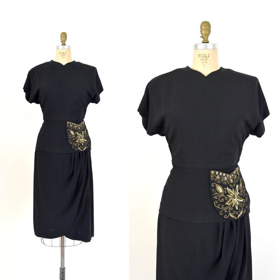 Vintage 1940s Dress - 40s Black Rayon with Gold Pe