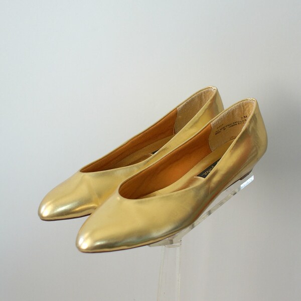 Vintage 1980s Gold Flats - 80s Pointed Ballet Flats - Twinkle Toes