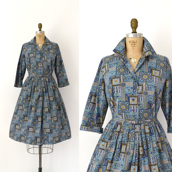 Vintage 1950s Dress - 50s Blue Cotton Shirtwaist D