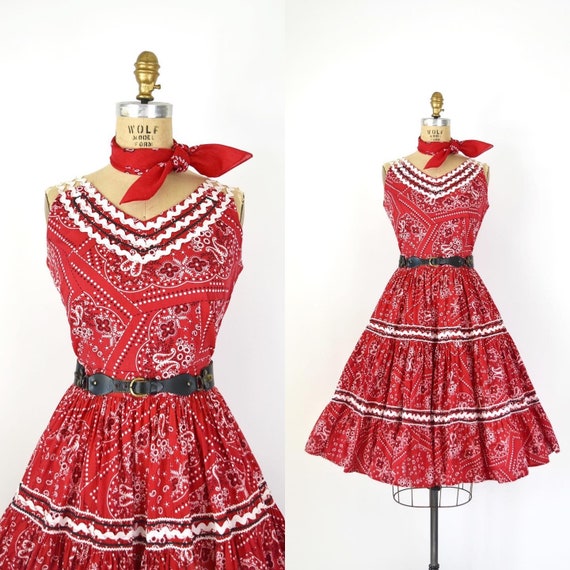 Vintage 1950s Dress Set - Red Bandana Print Cotton