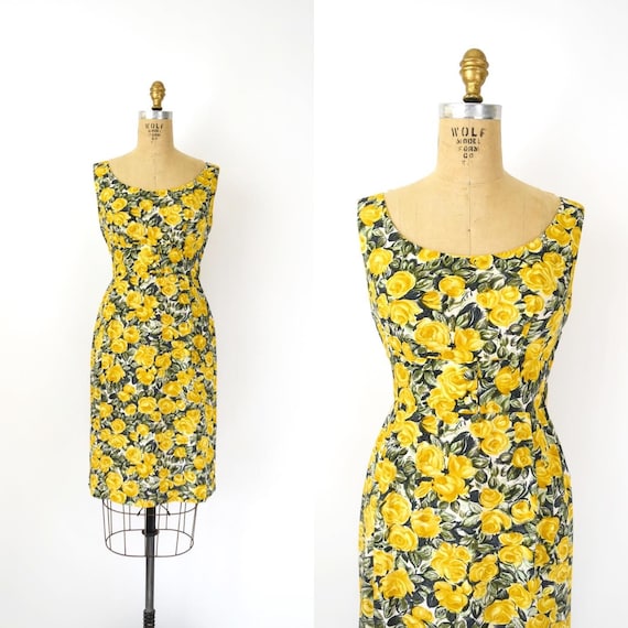 Vintage 1950s 60s Dress - 50s 60s Yellow Floral Wi