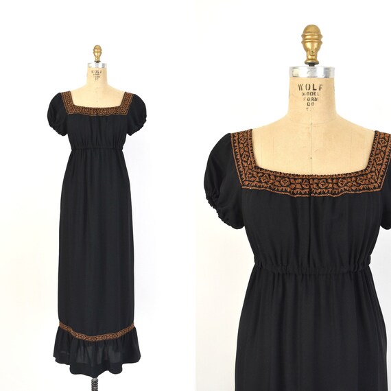 Vintage 1970s Dress - 70s Black Embroidered Maxi D
