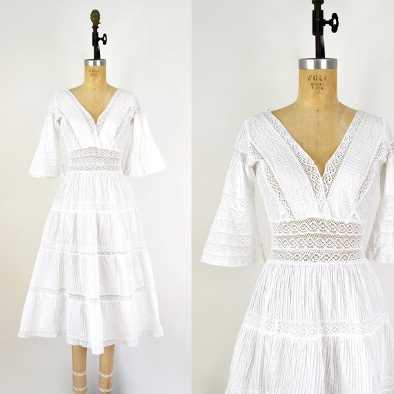 Vintage 1970s Dress - 70s White Cotton Lace Mexica