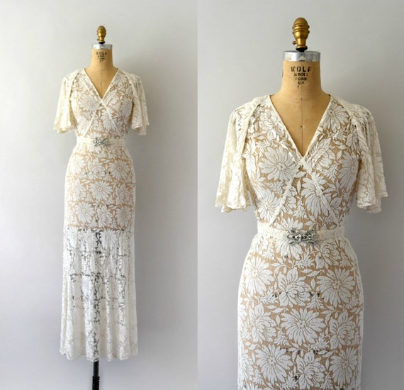 1930s Vintage Gown - 30s Ivory Floral Lace Dress w