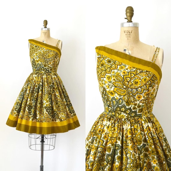Vintage 1950s dress - 50s Golden Yellow Floral One