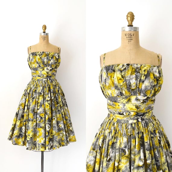 1950s Vintage Dress - 50s Yellow Floral Cotton Sun