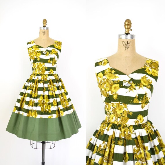Vintage 1950s Dress - 50s Golden Yellow Floral and