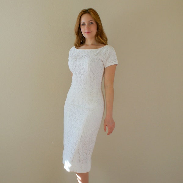 Vintage 1950s Dress -- White Lace Wiggle Dress -- Casual Summer Wedding