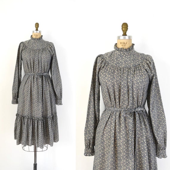 1970s Vintage Dress - 70s Blue Calico Cotton Prair