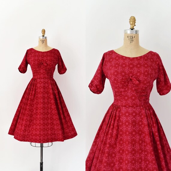 Vintage 1950s Dress - 50s Pretty Pink and Red Cott