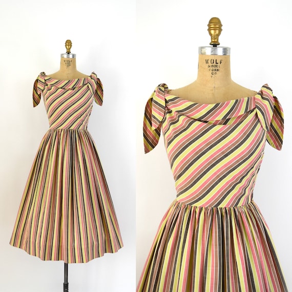 Vintage 1950s Dress - 50s Colorful Stripe Cotton S