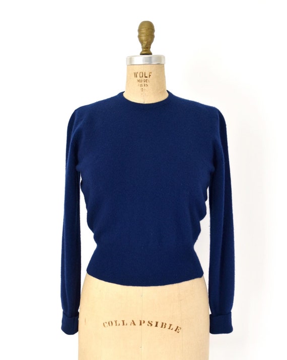 Vintage 1950s Sweater - 50s Blue Cashmere Knit Swe