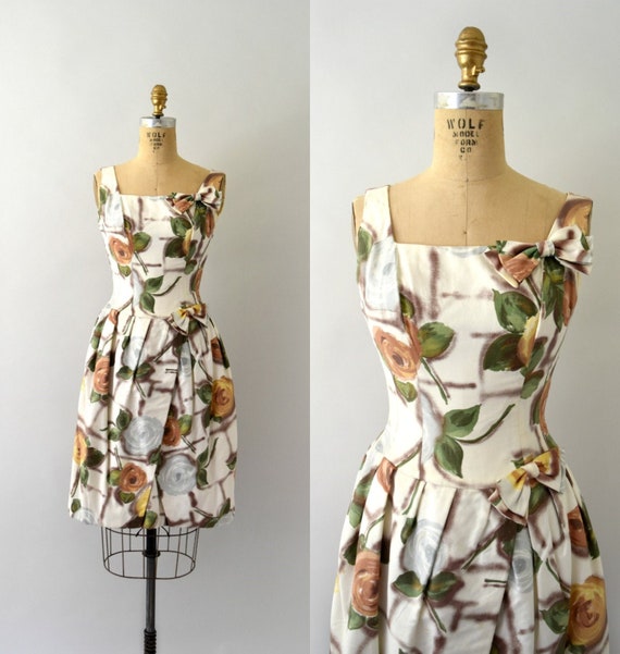 1950s Vintage Dress - 50s Rose Print Cotton Dress