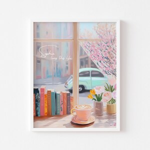 Cozy cappuccino and books poster, window reading decor flowers books latte art, slow life wall art, personalized poster