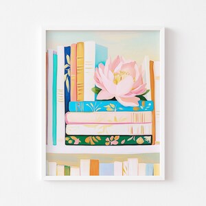 Stampa artistica con libreria e peonia rosa - Stampa artistica con libreria e fiori - Poster pastello - Biblioteca - Poster di libri