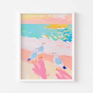 Pastel seagulls on the beach poster – Seaside wall illustration, poetic and colorful decor, soft and summery seaside atmosphere