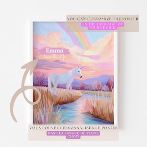 Póster de unicornio mágico con arcoíris pastel y atardecer | Póster personalizado | Decoración de habitación de niña de cuento de hadas | Póster digital