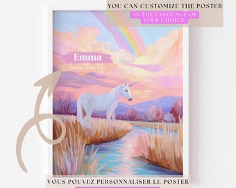 Magical Unicorn Poster Pastel Rainbow Sunset | Personalized Poster | Fairytale Girl Room Decor | Digital Poster